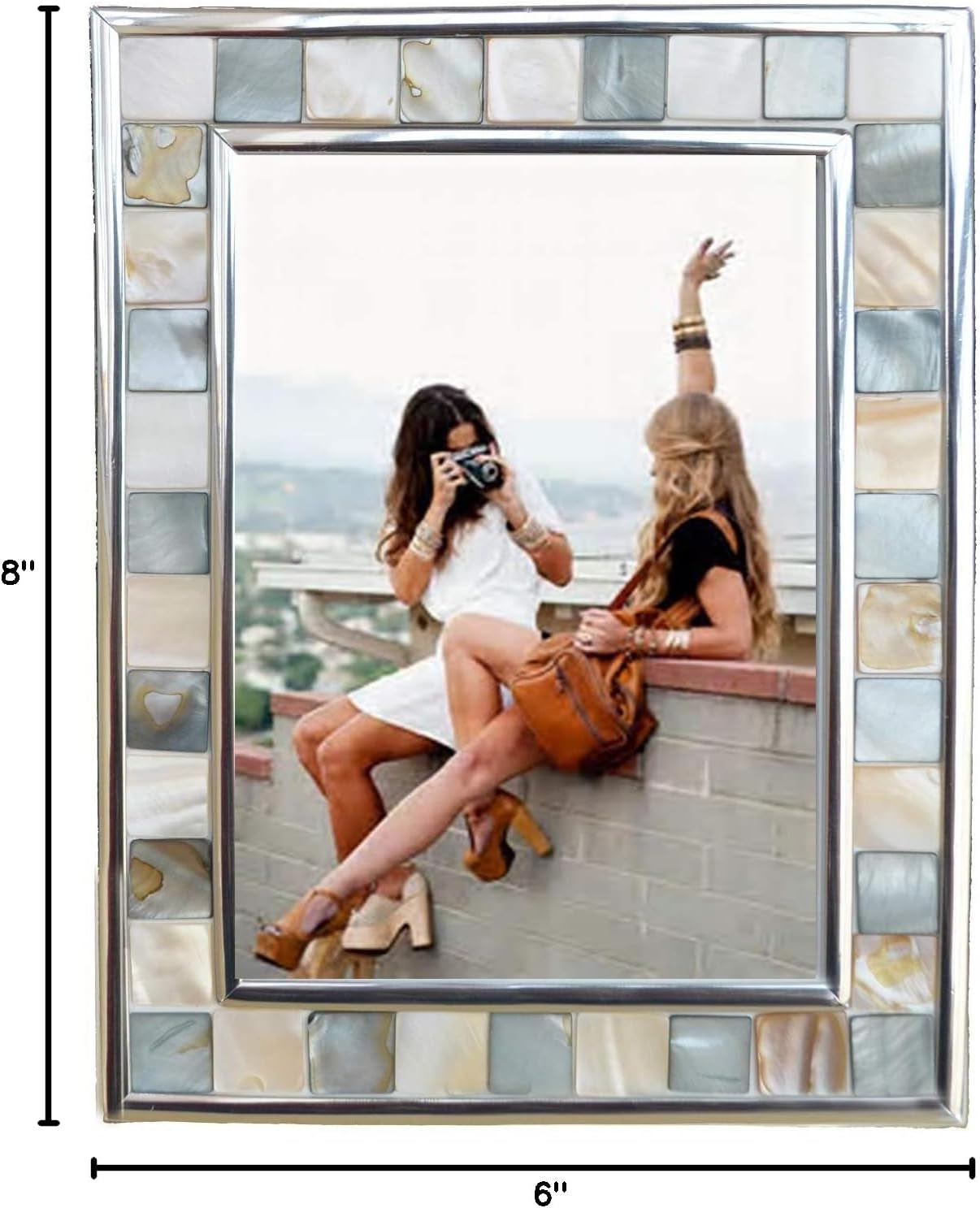 Silver Plate Grey Picture Frame 6X8 Mother of Pearl Wall Frame 6By8 Wedding Photo Frame Mosaic Glass Tabletop Picture Frame (Grey+ White)