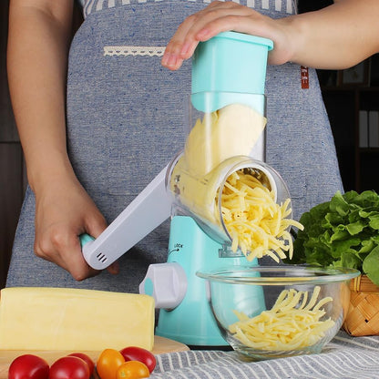 Rotary Cheese Grater Shredder, Speed Kitchen Manual round Mandolin Slicer Grinder for Potato Hash Brown, Vegetable, Walnut, Nut, Carrot Garlic, Chocolate, Radish with 3 Drum Blades, Blue