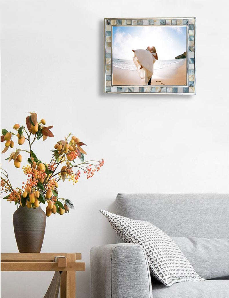 Silver Plate Grey Picture Frame 6X8 Mother of Pearl Wall Frame 6By8 Wedding Photo Frame Mosaic Glass Tabletop Picture Frame (Grey+ White)
