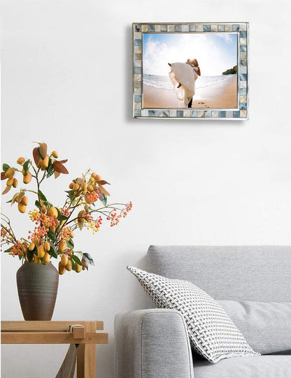 Silver Plate Grey Picture Frame 6X8 Mother of Pearl Wall Frame 6By8 Wedding Photo Frame Mosaic Glass Tabletop Picture Frame (Grey+ White)