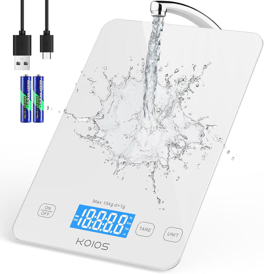 USB Rechargeable Food Scale, 33Lb/15Kg Kitchen Scale Digital Weight Grams and Oz for Cooking Baking, 1G/0.1Oz Precise Graduation, Waterproof Tempered Glass, 6 Weight Units, Tare Function