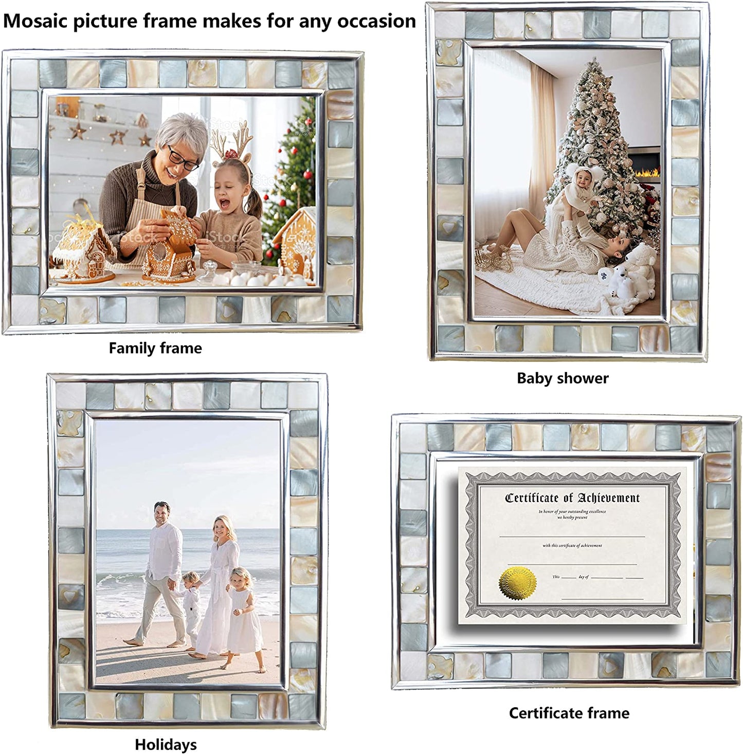 Silver Plate Grey Picture Frame 6X8 Mother of Pearl Wall Frame 6By8 Wedding Photo Frame Mosaic Glass Tabletop Picture Frame (Grey+ White)