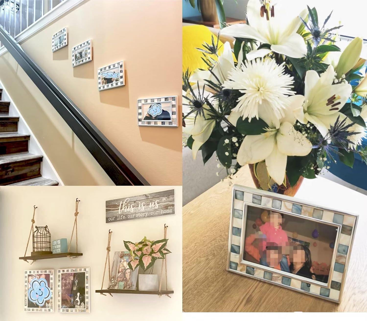 Silver Plate Grey Picture Frame 6X8 Mother of Pearl Wall Frame 6By8 Wedding Photo Frame Mosaic Glass Tabletop Picture Frame (Grey+ White)