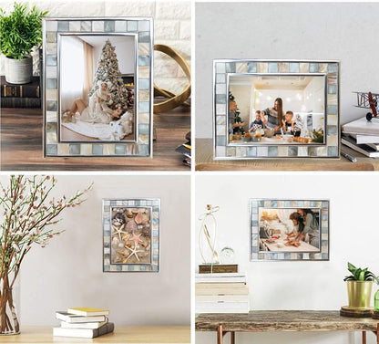 Silver Plate Grey Picture Frame 6X8 Mother of Pearl Wall Frame 6By8 Wedding Photo Frame Mosaic Glass Tabletop Picture Frame (Grey+ White)
