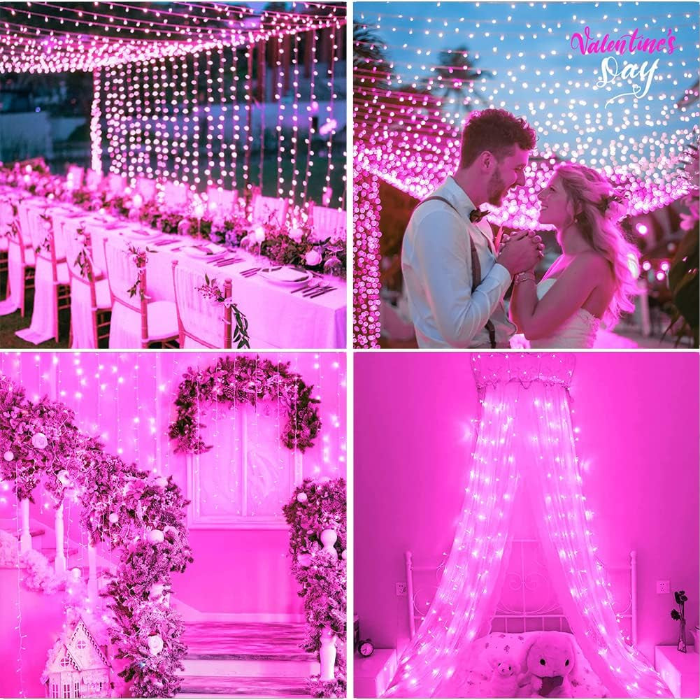 Christmas String Lights,  33Ft 100 Leds with Controller Fairy Twinkle Lights Decoration for Chirstmas Tree,Garden,Multi Stings Connectable(Transparent Wire)(Pink)