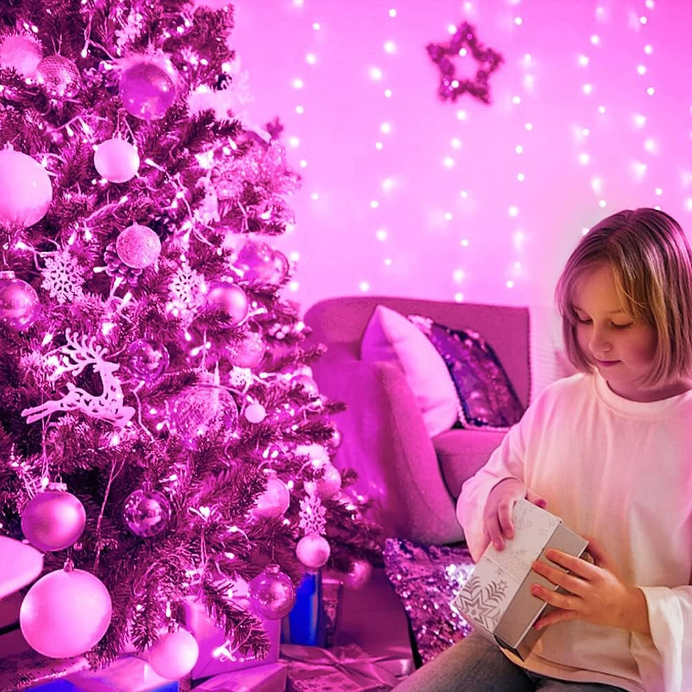 Christmas String Lights,  33Ft 100 Leds with Controller Fairy Twinkle Lights Decoration for Chirstmas Tree,Garden,Multi Stings Connectable(Transparent Wire)(Pink)